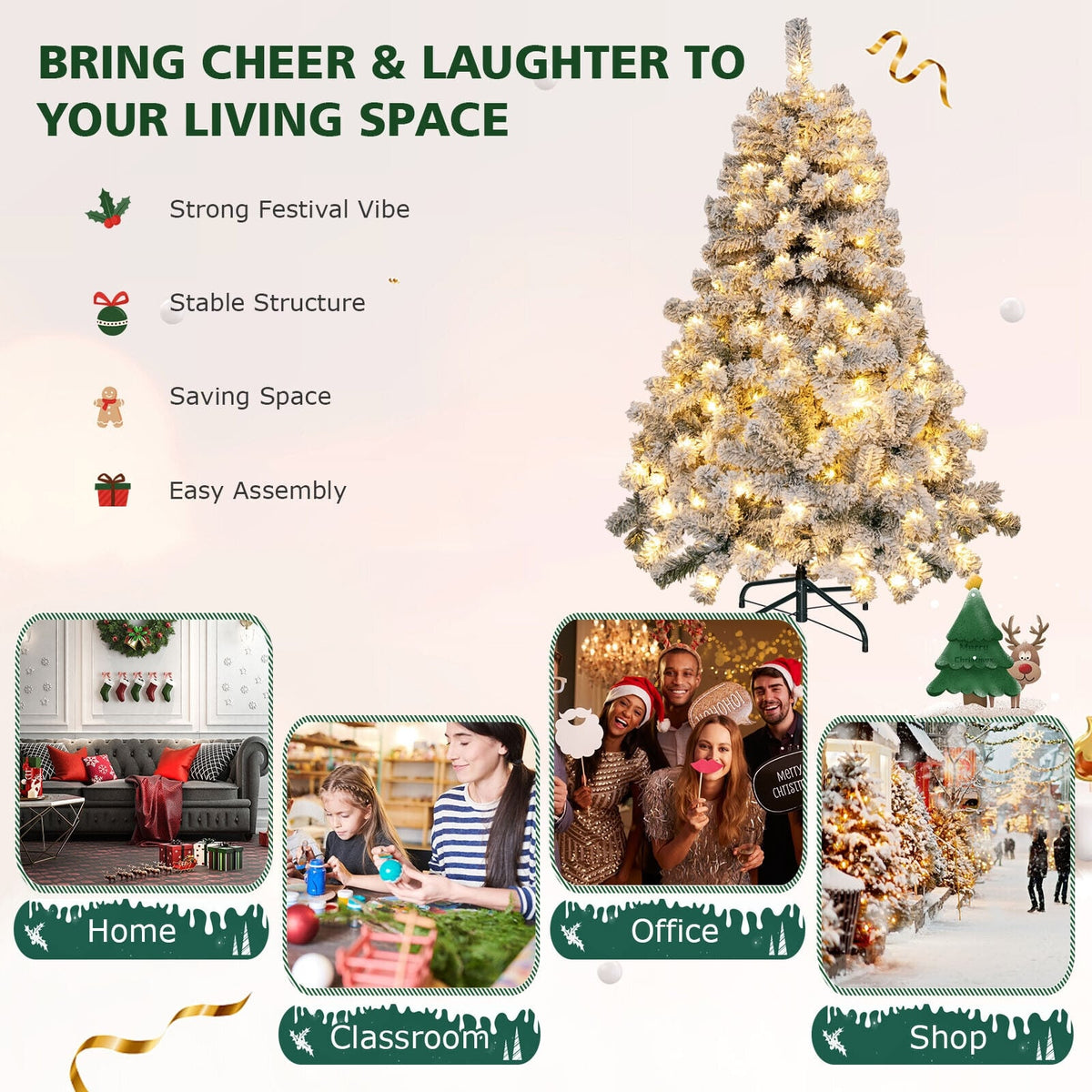 4.5 Feet Pre-Lit Premium Snow Flocked Christmas Tree with 150 Lights-Christmas Trees-DECOROLALA
