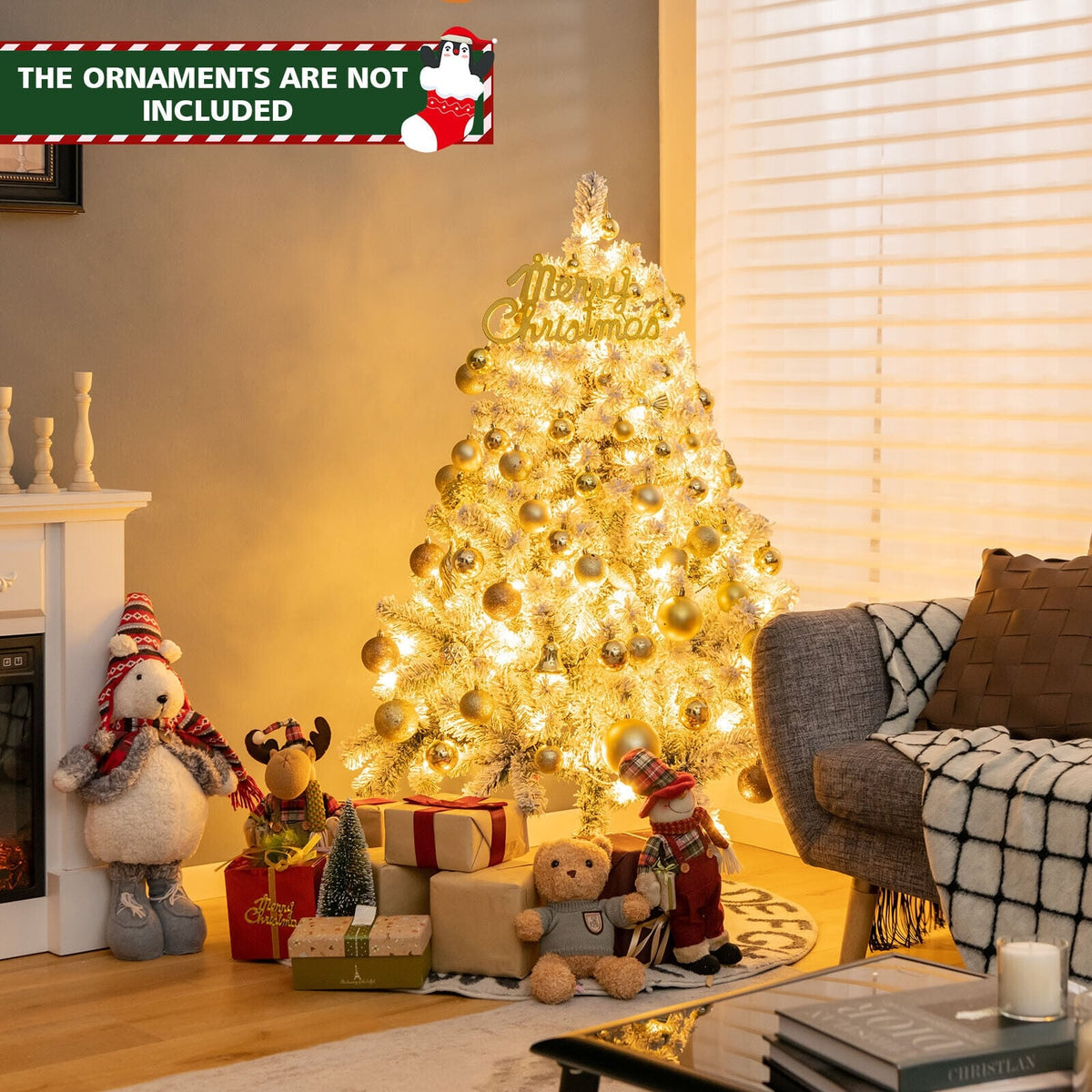 4.5 Feet Pre-Lit Premium Snow Flocked Christmas Tree with 150 Lights-Christmas Trees-DECOROLALA