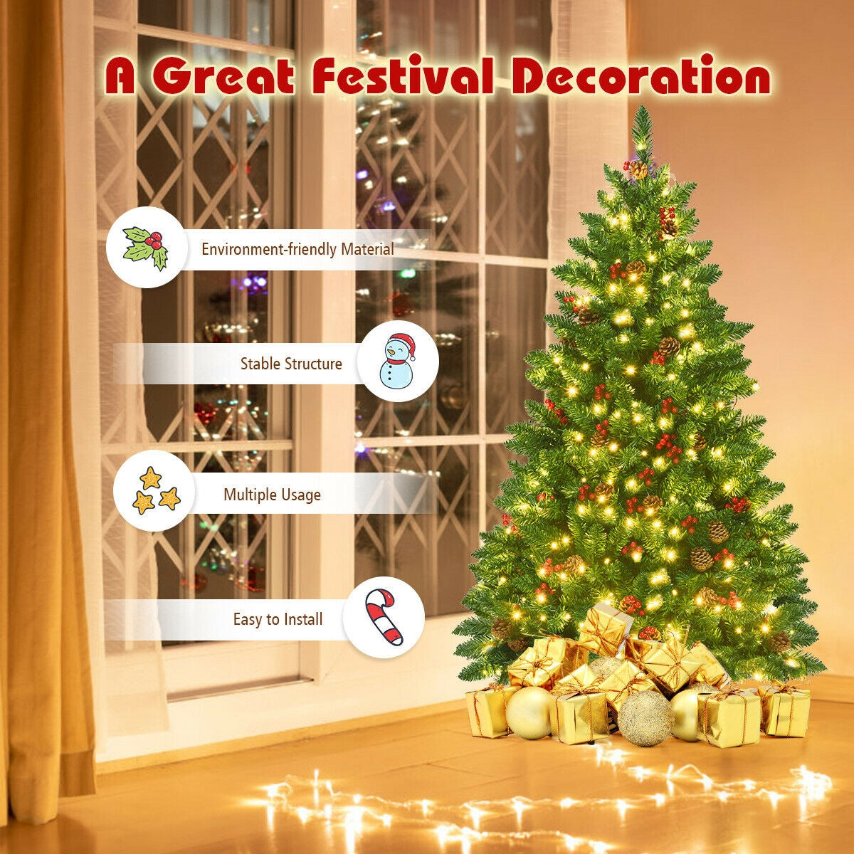 4.5 Feet Pre-lit Hinged Christmas Tree with 300 LED Lights-Christmas Trees-DECOROLALA