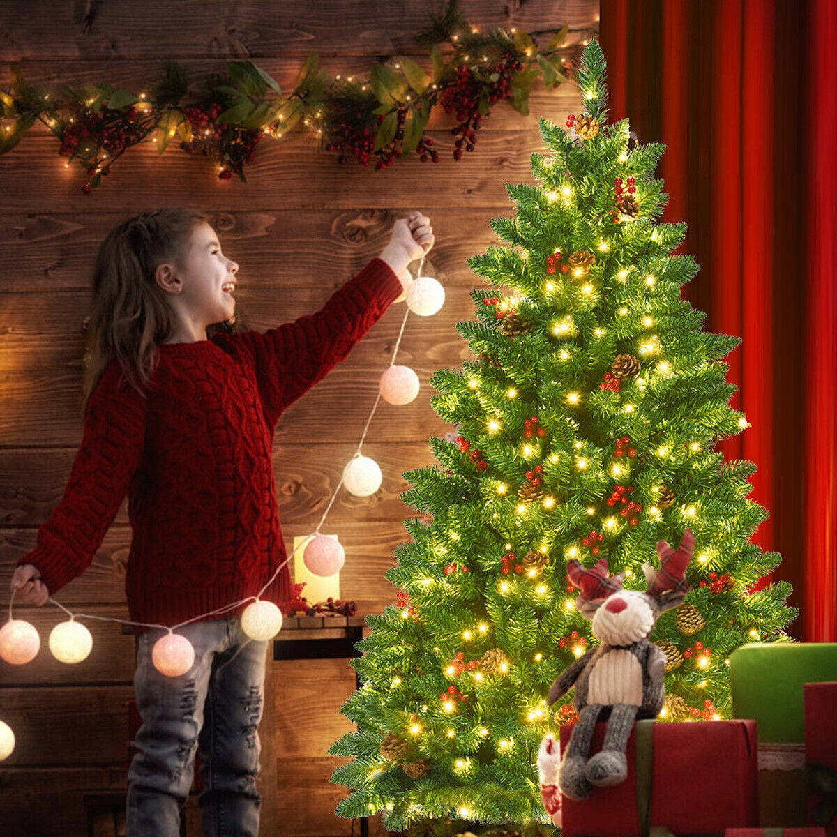 4.5 Feet Pre-lit Hinged Christmas Tree with 300 LED Lights-Christmas Trees-DECOROLALA