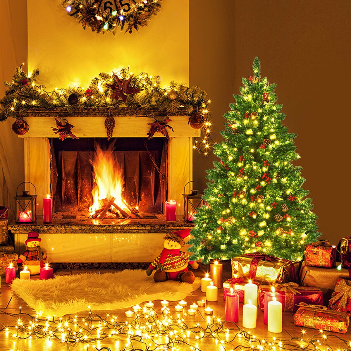 4.5 Feet Pre-lit Hinged Christmas Tree with 300 LED Lights-Christmas Trees-DECOROLALA