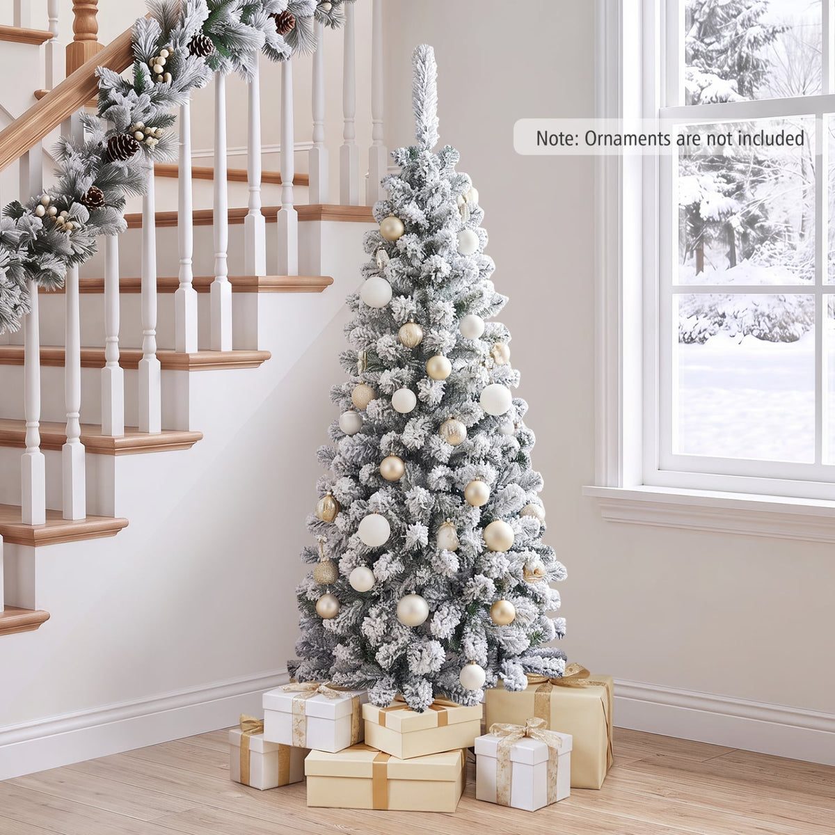 4.5 Feet Unlit Hinged Snow Flocked Artificial Pencil Christmas Tree with 242 Branch-Christmas Trees-DECOROLALA