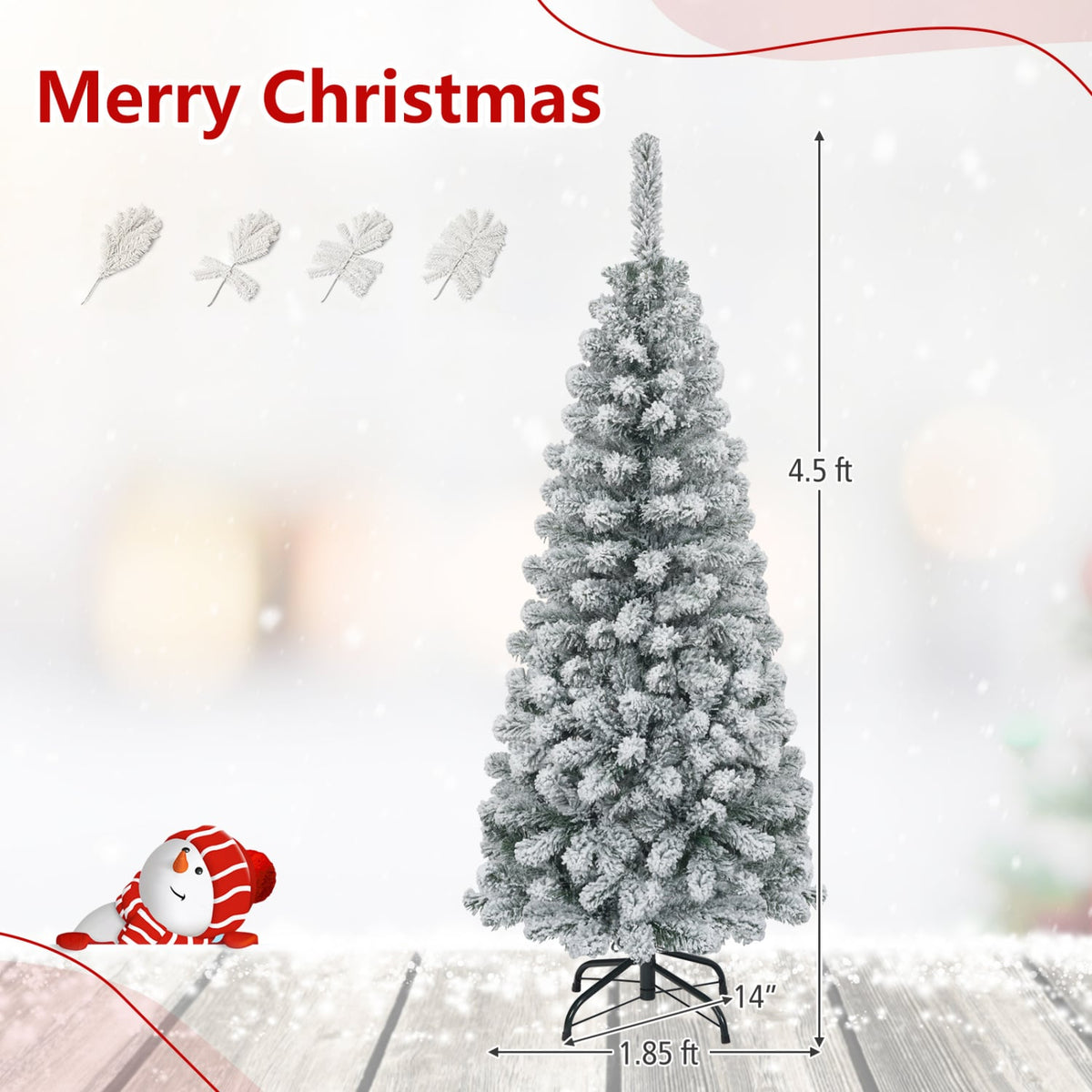 4.5 Feet Unlit Hinged Snow Flocked Artificial Pencil Christmas Tree with 242 Branch-Christmas Trees-DECOROLALA