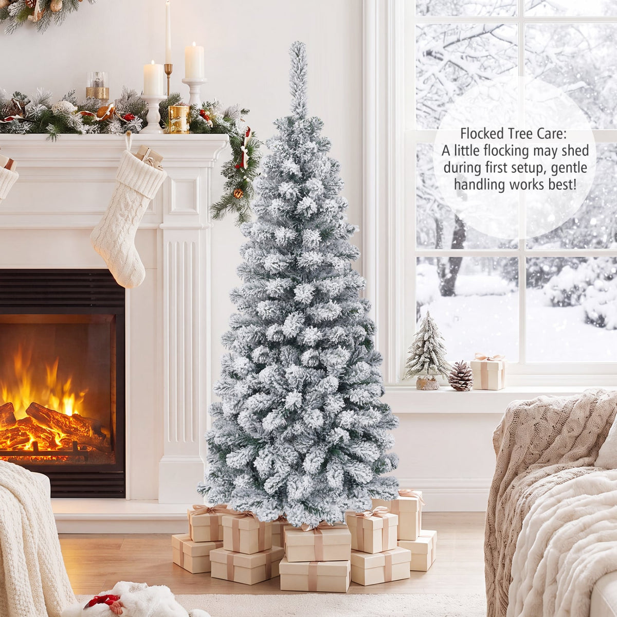 4.5 Feet Unlit Hinged Snow Flocked Artificial Pencil Christmas Tree with 242 Branch-Christmas Trees-DECOROLALA