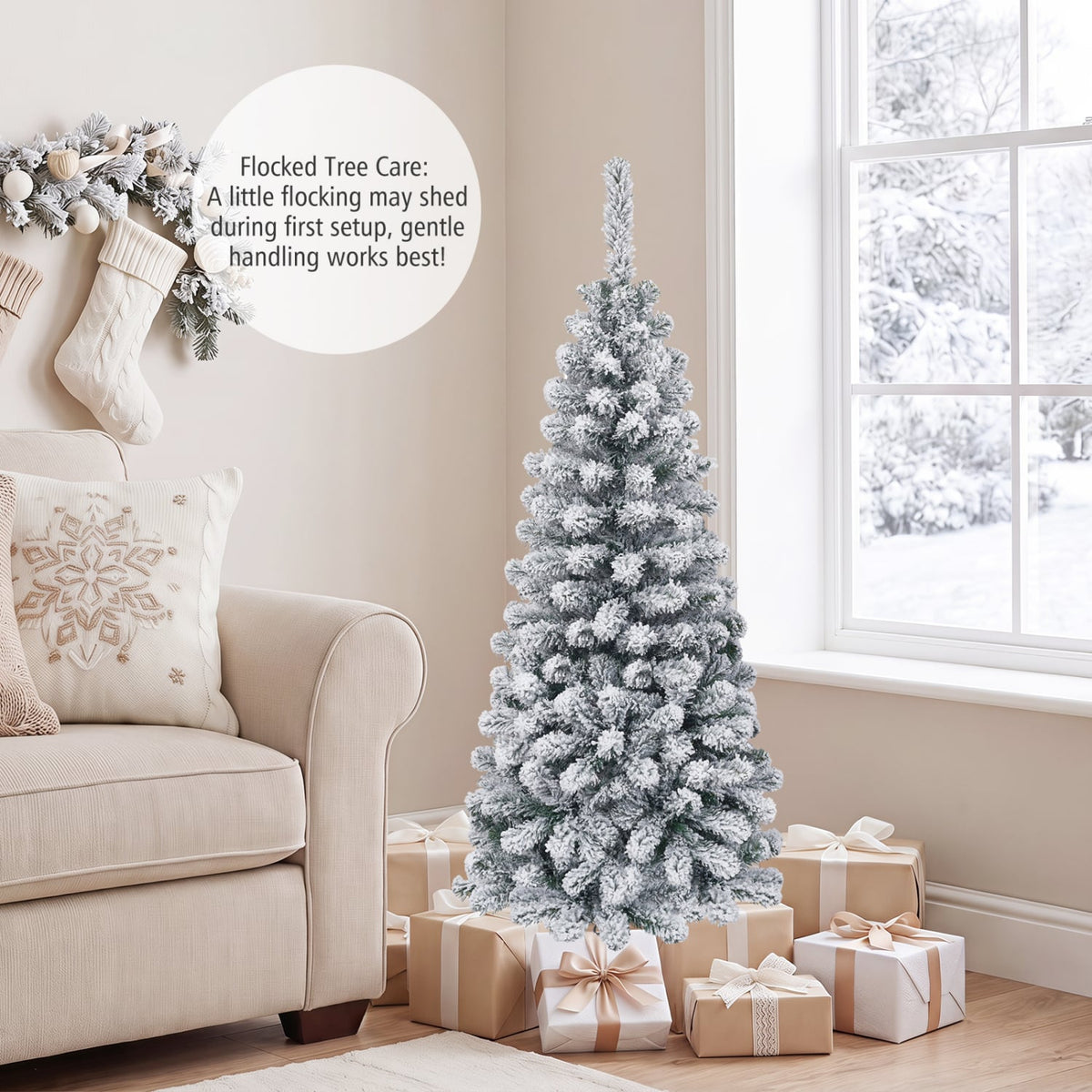 4.5 Feet Unlit Hinged Snow Flocked Artificial Pencil Christmas Tree with 242 Branch-Christmas Trees-DECOROLALA