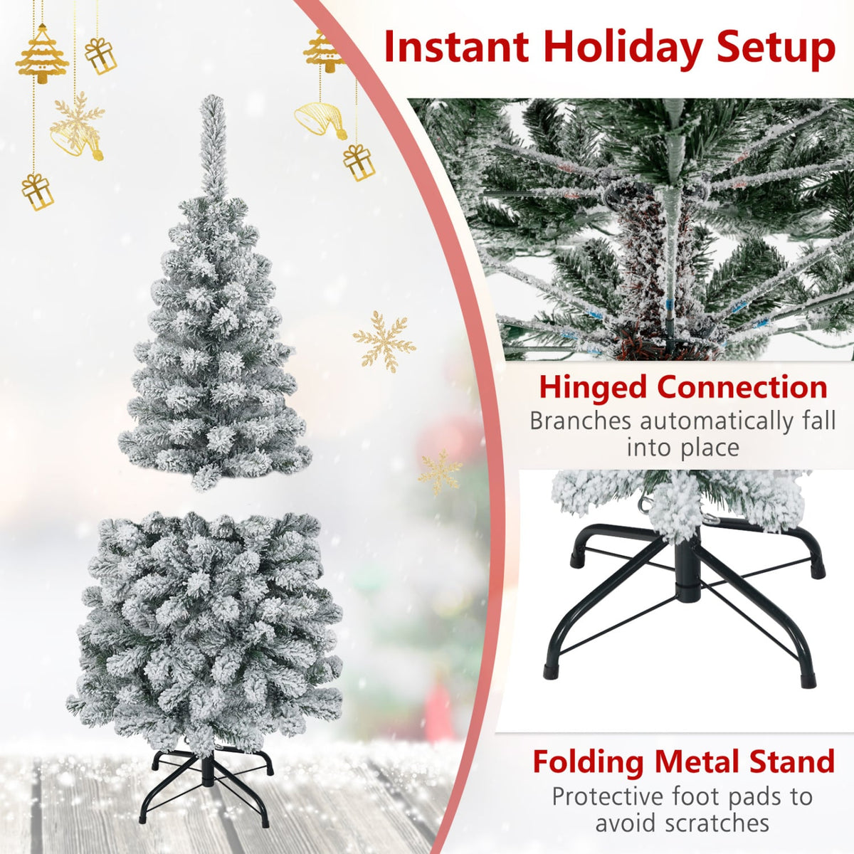 4.5 Feet Unlit Hinged Snow Flocked Artificial Pencil Christmas Tree with 242 Branch-Christmas Trees-DECOROLALA