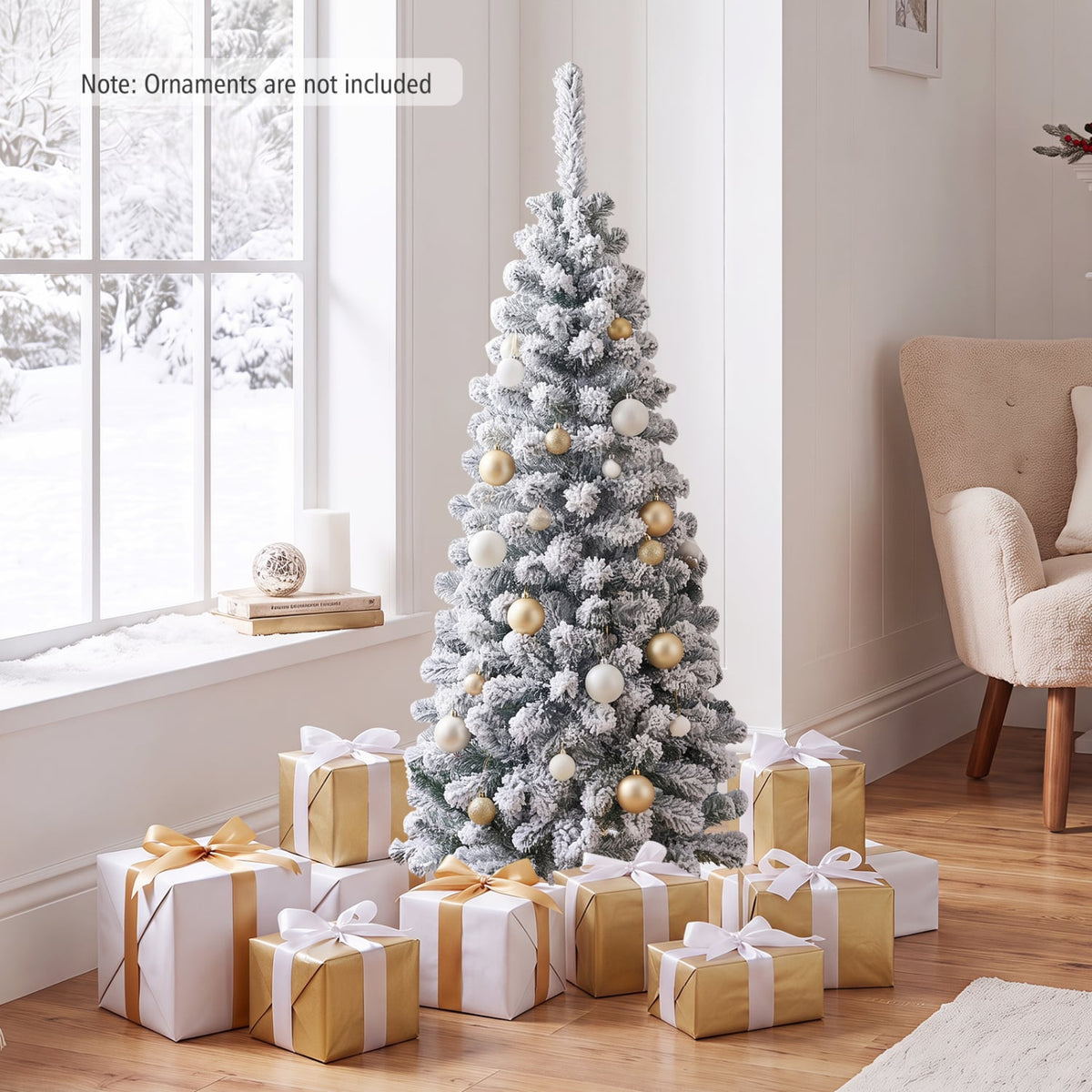 4.5 Feet Unlit Hinged Snow Flocked Artificial Pencil Christmas Tree with 242 Branch-Christmas Trees-DECOROLALA