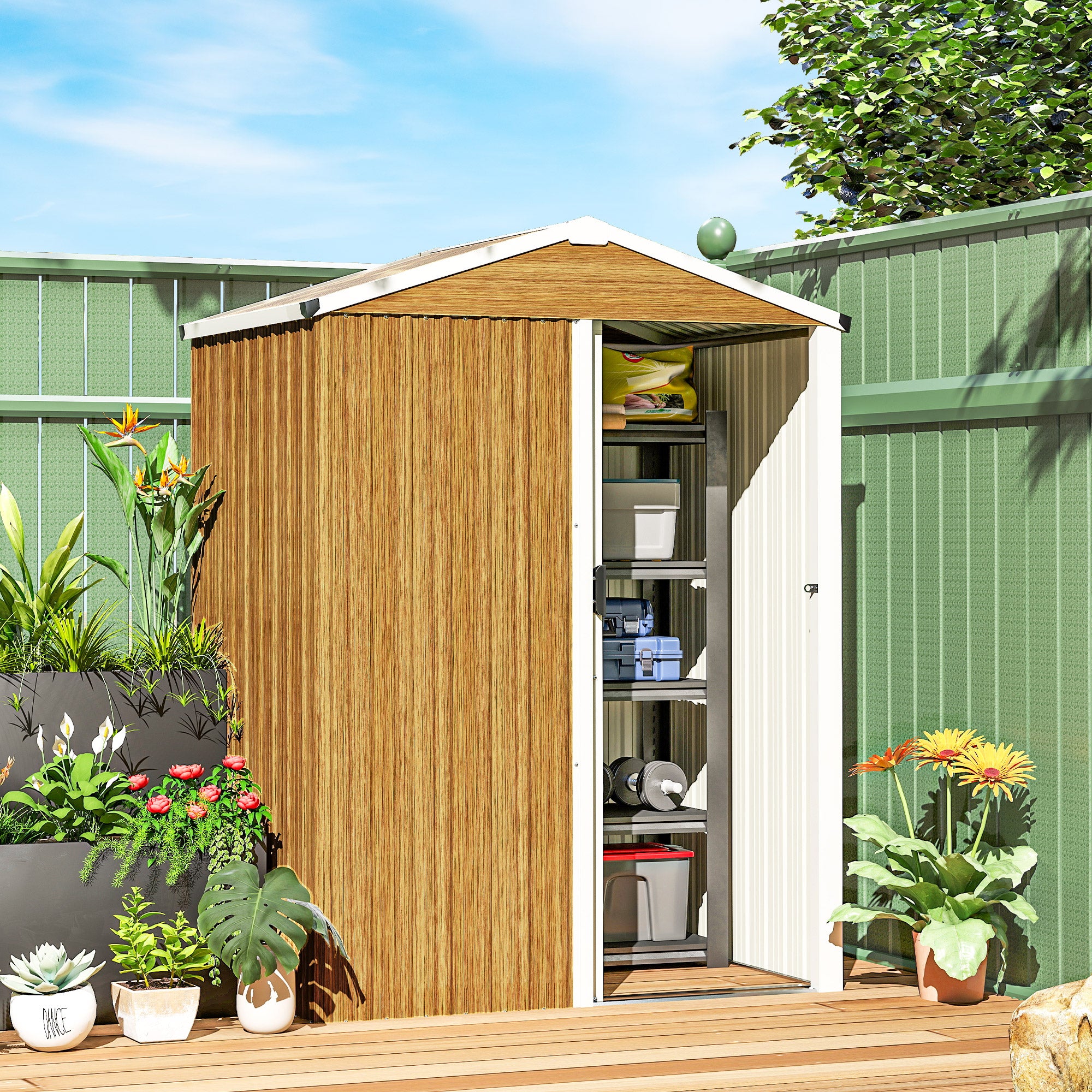 4.5 x 3ft Outdoor Metal Storage Shed - Wood Grain-Patio & Garden > Lawn & Garden > Sheds-DECOROLALA