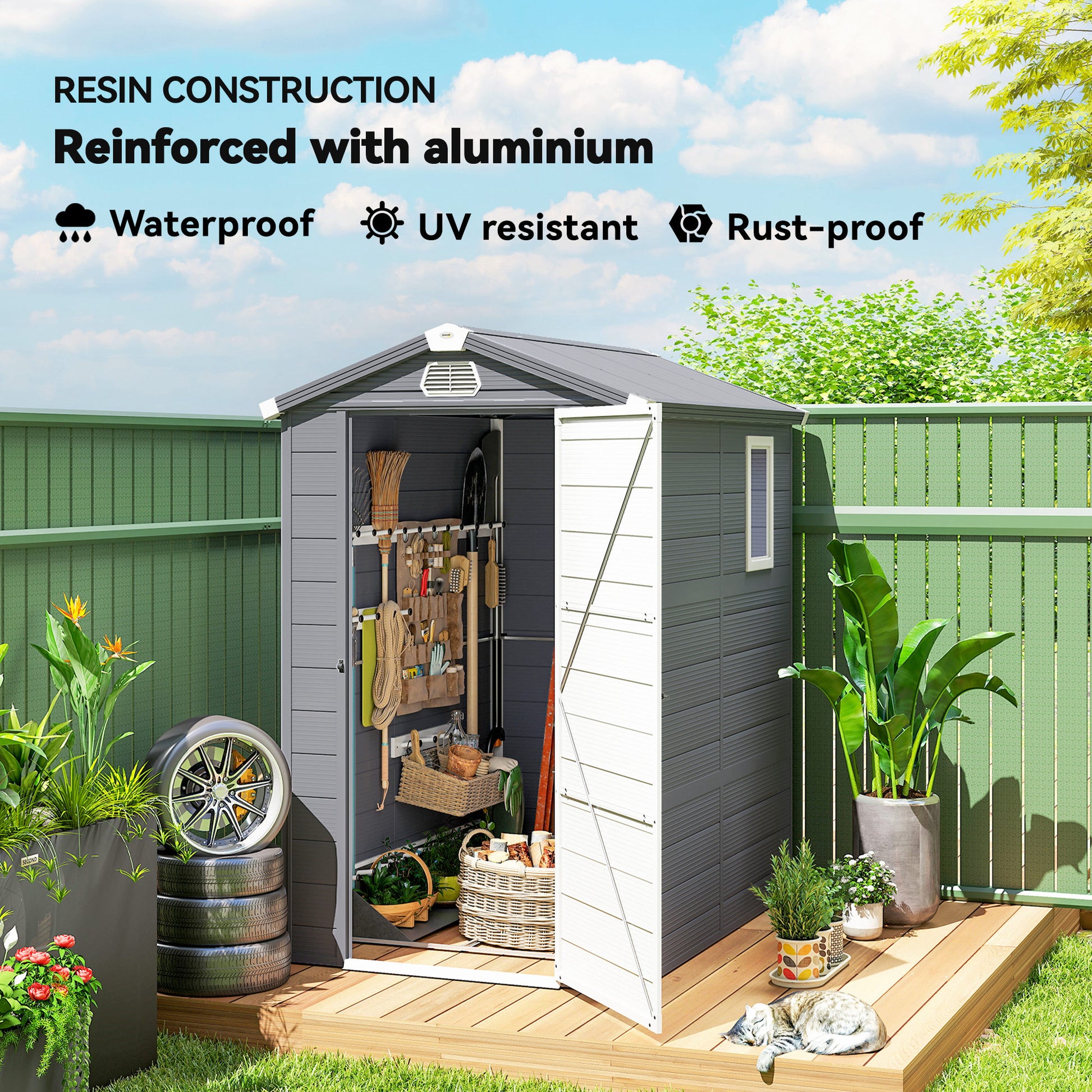 4.5' x 6' Plastic Garden Storage Shed - Dark Grey-Patio & Garden > Lawn & Garden > Sheds-DECOROLALA