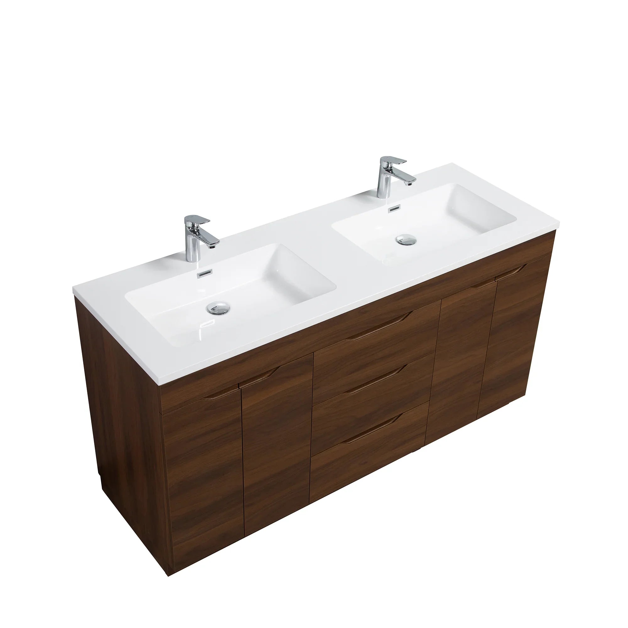 60" Walnut Freestanding Double Sink Bathroom Vanity with White Polymarble Countertop