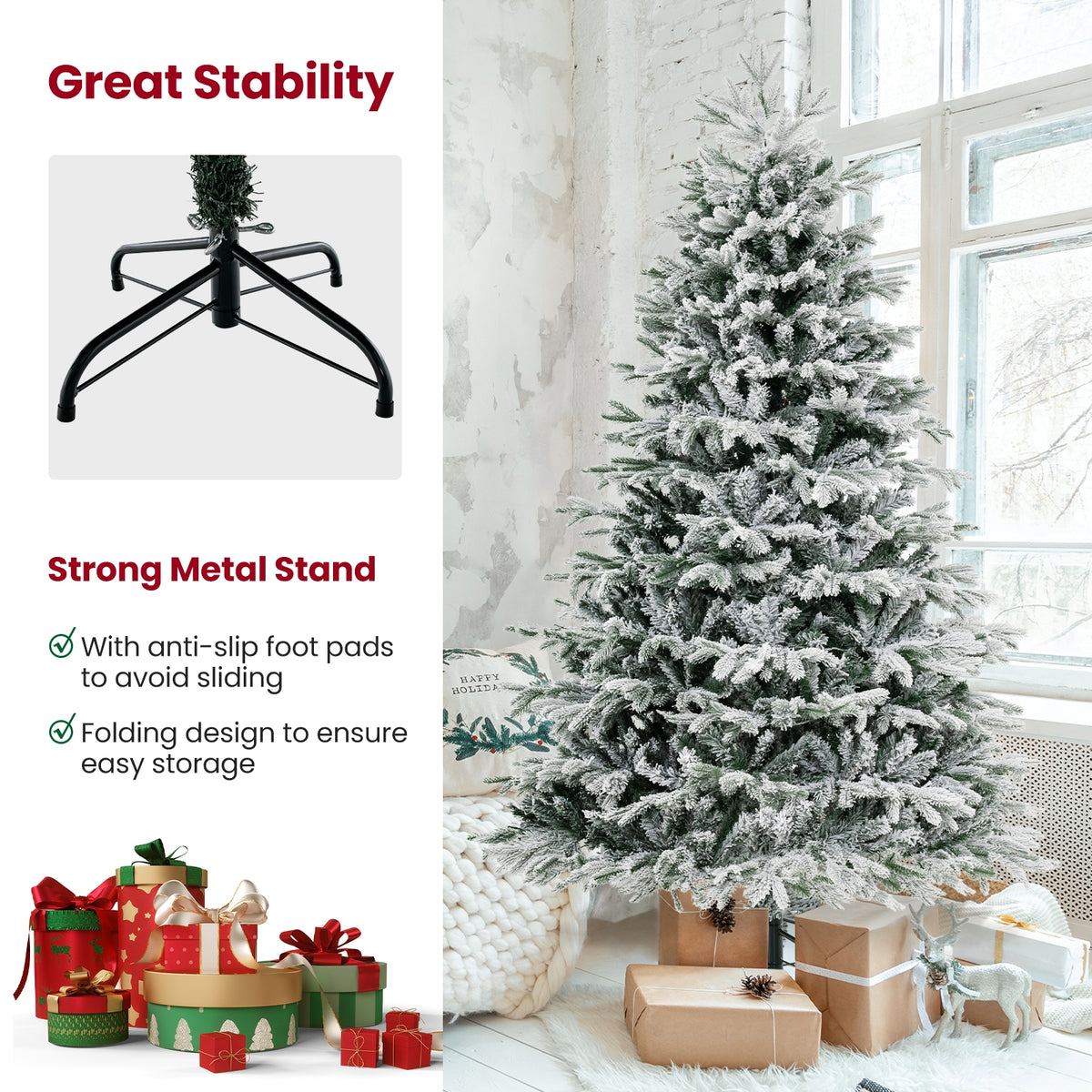 4.5/6/7 FT Artificial Pre-Lit Christmas Tree Hinged Xmas Tree with Warm White LED lights-7 ft-Christmas Trees-DECOROLALA