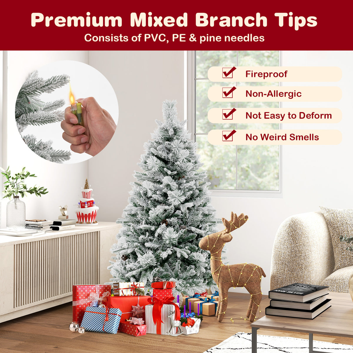 4.5/6/7 Feet Artificial Xmas Tree with Pine Needles and LED Lights-4.5 ft-Christmas Trees-DECOROLALA