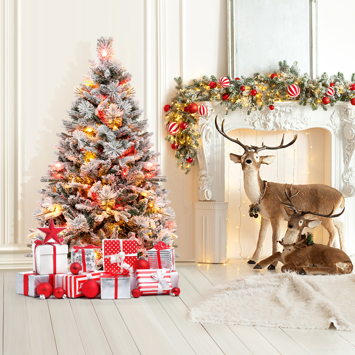 4.5/6/7 Feet Artificial Xmas Tree with Pine Needles and LED Lights-4.5 ft-Christmas Trees-DECOROLALA
