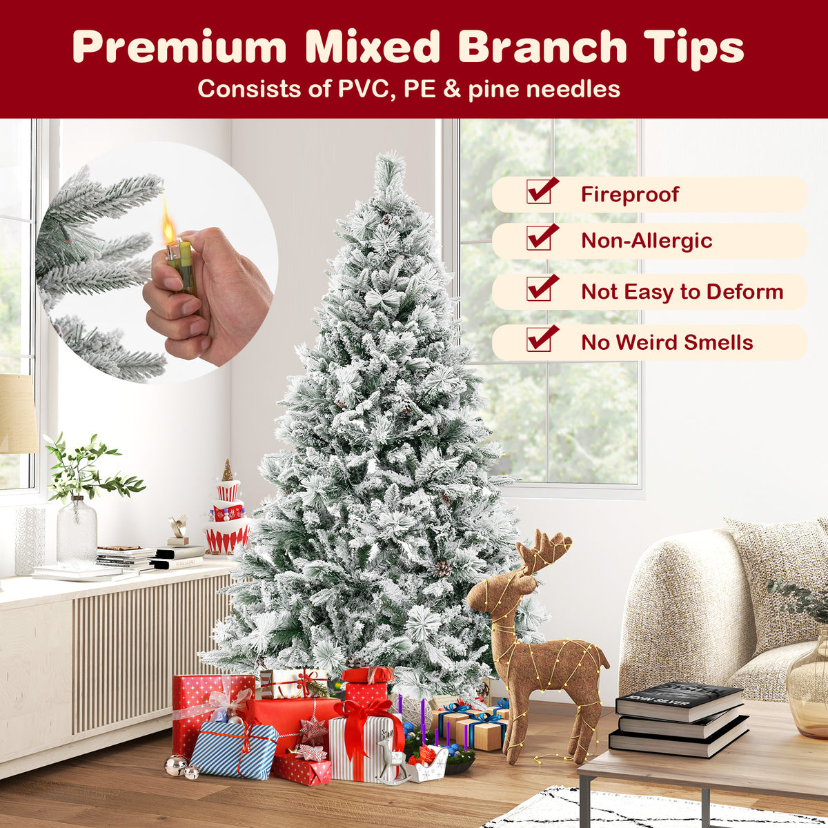 4.5/6/7 Feet Artificial Xmas Tree with Pine Needles and LED Lights-6 ft-Christmas Trees-DECOROLALA