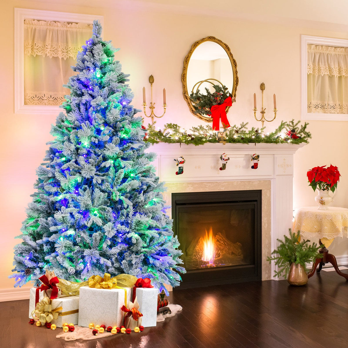 4.5/6/7 Feet Artificial Xmas Tree with Pine Needles and LED Lights-7 ft-Christmas Trees-DECOROLALA