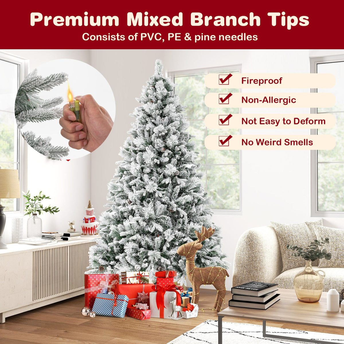 4.5/6/7 Feet Artificial Xmas Tree with Pine Needles and LED Lights-7 ft-Christmas Trees-DECOROLALA