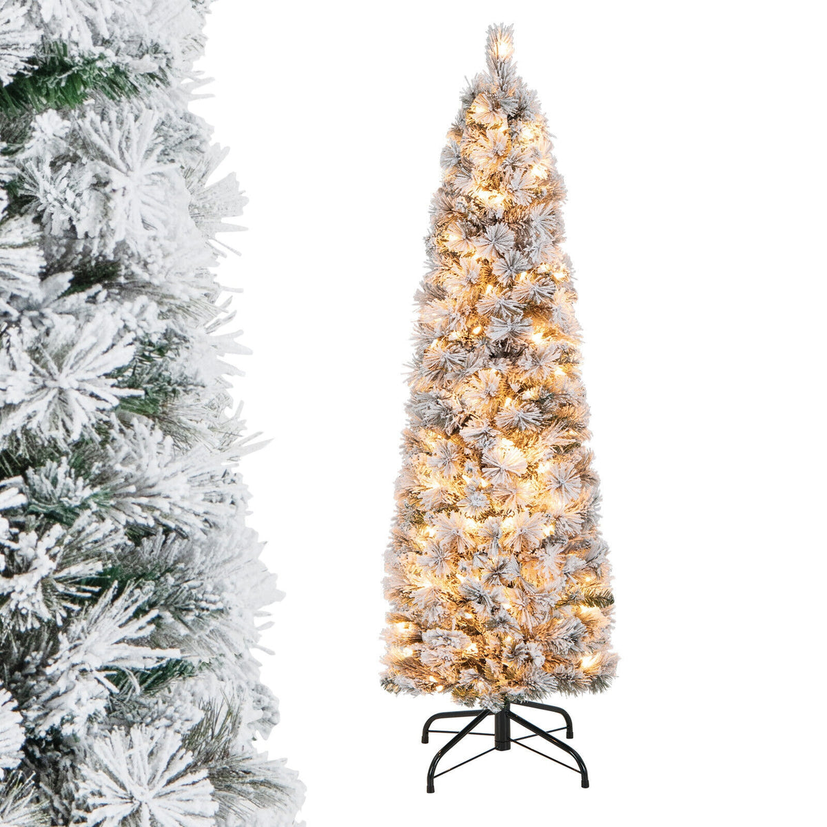 4.5/6/7 Feet Christmas Tree with 258 Branch Tips and 100 Incandescent Lights-Flocked and Slim-4.5 ft-Christmas Trees-DECOROLALA