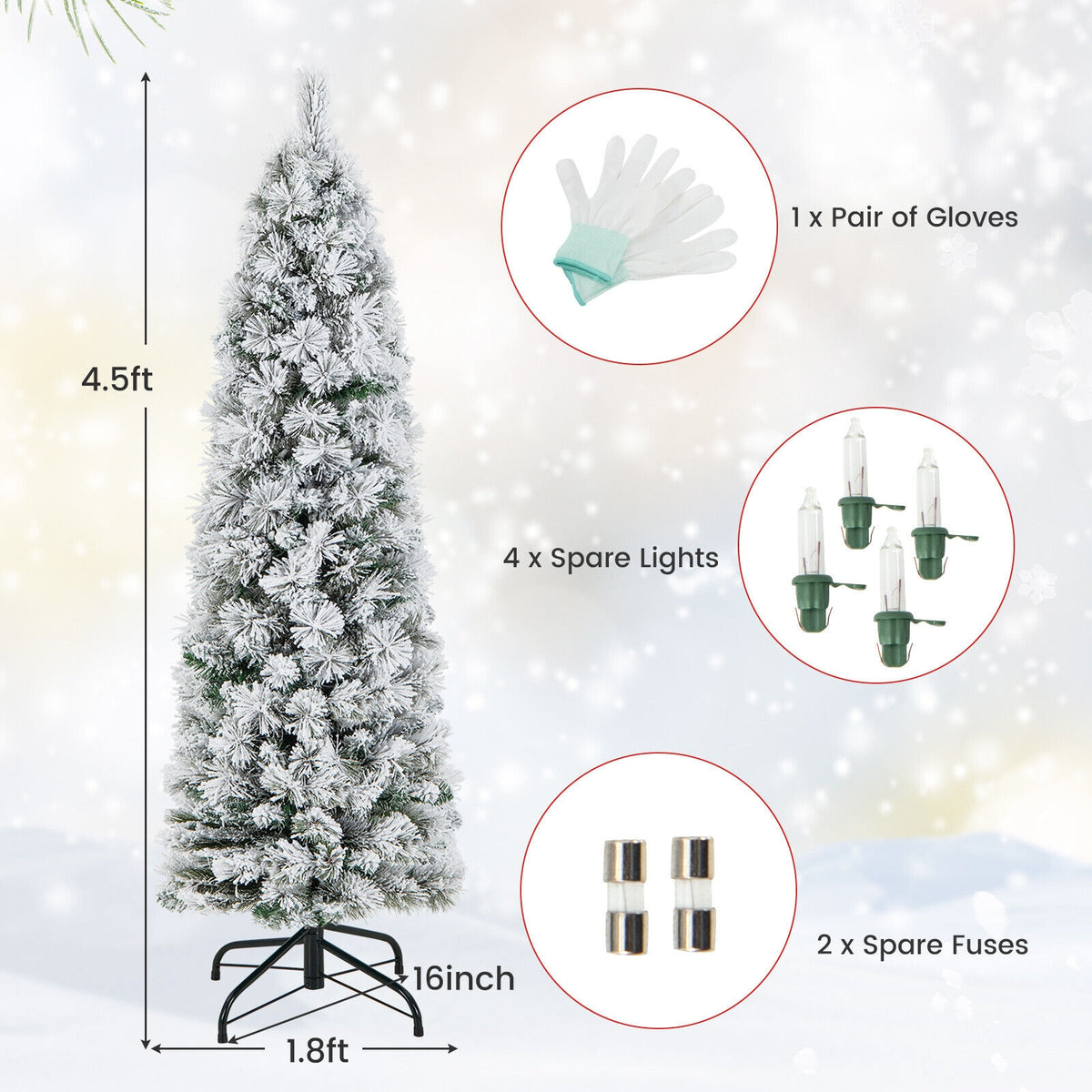 4.5/6/7 Feet Christmas Tree with 258 Branch Tips and 100 Incandescent Lights-Flocked and Slim-4.5 ft-Christmas Trees-DECOROLALA
