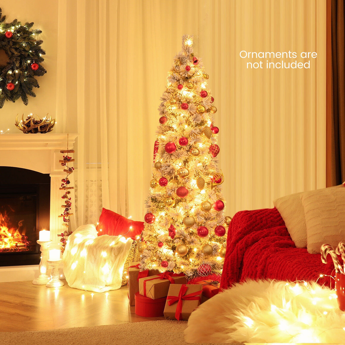 4.5/6/7 Feet Christmas Tree with 258 Branch Tips and 100 Incandescent Lights-Flocked and Slim-4.5 ft-Christmas Trees-DECOROLALA