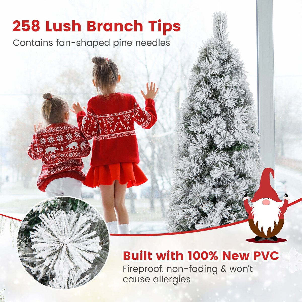 4.5/6/7 Feet Christmas Tree with 258 Branch Tips and 100 Incandescent Lights-Flocked and Slim-4.5 ft-Christmas Trees-DECOROLALA