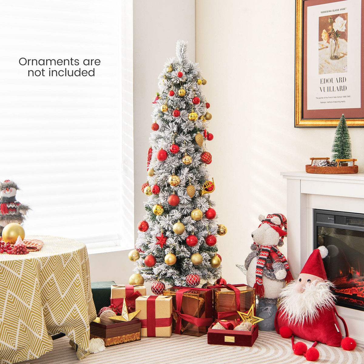 4.5/6/7 Feet Christmas Tree with 258 Branch Tips and 100 Incandescent Lights-Flocked and Slim-4.5 ft-Christmas Trees-DECOROLALA