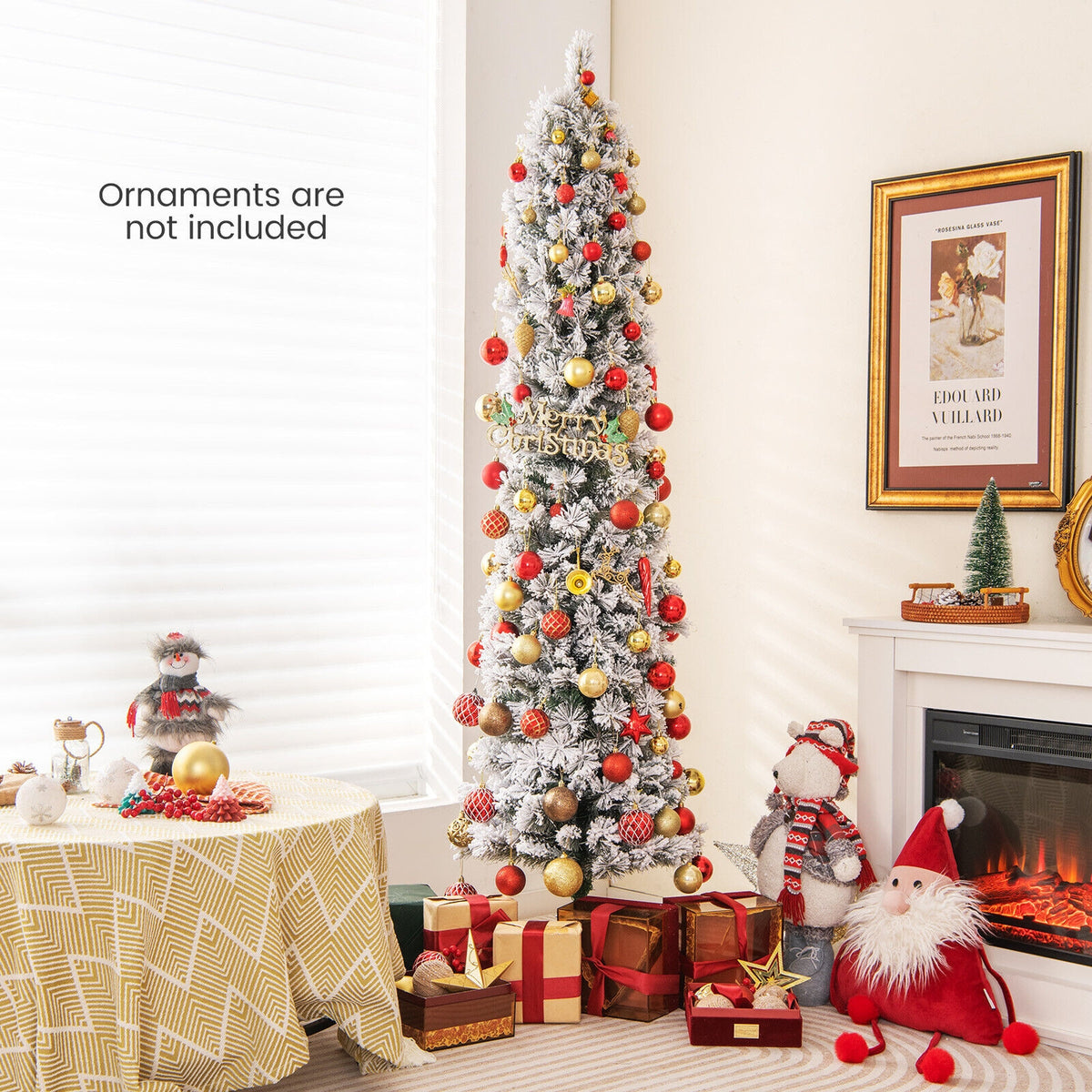 4.5/6/7 Feet Christmas Tree with 258 Branch Tips and 100 Incandescent Lights-Flocked and Slim-6 Feet-Christmas Trees-DECOROLALA