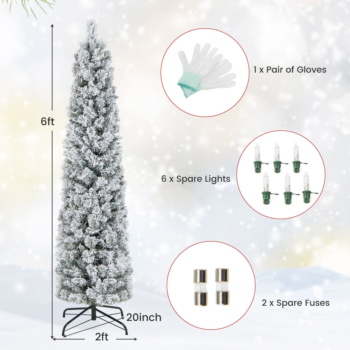 4.5/6/7 Feet Christmas Tree with 258 Branch Tips and 100 Incandescent Lights-Flocked and Slim-6 Feet-Christmas Trees-DECOROLALA