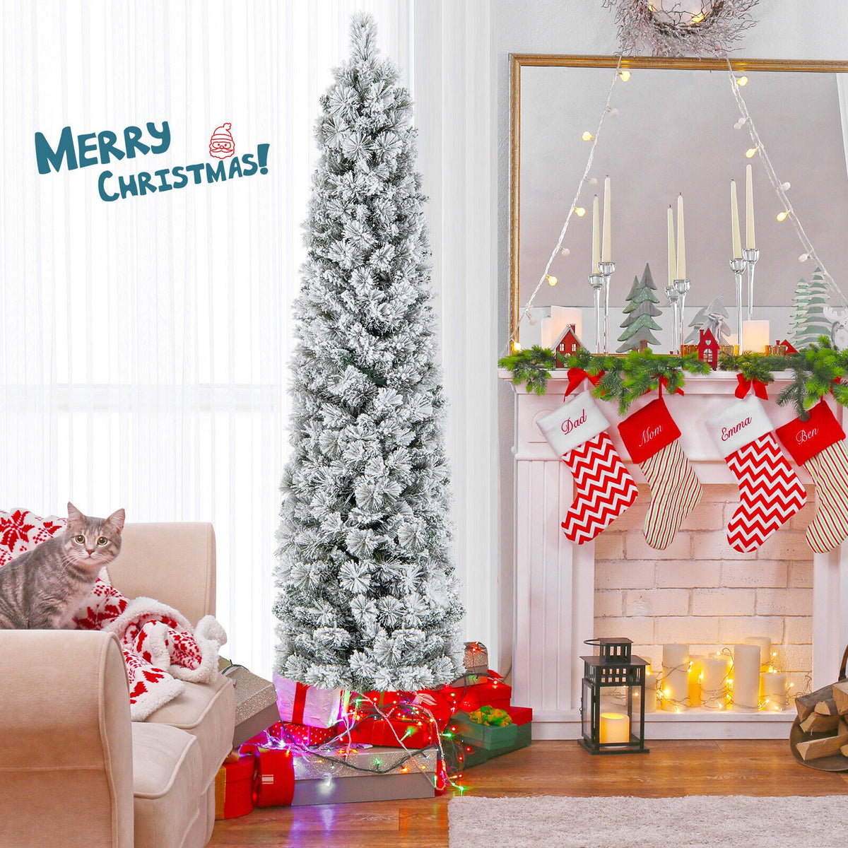 4.5/6/7 Feet Christmas Tree with 258 Branch Tips and 100 Incandescent Lights-Flocked and Slim-6 Feet-Christmas Trees-DECOROLALA