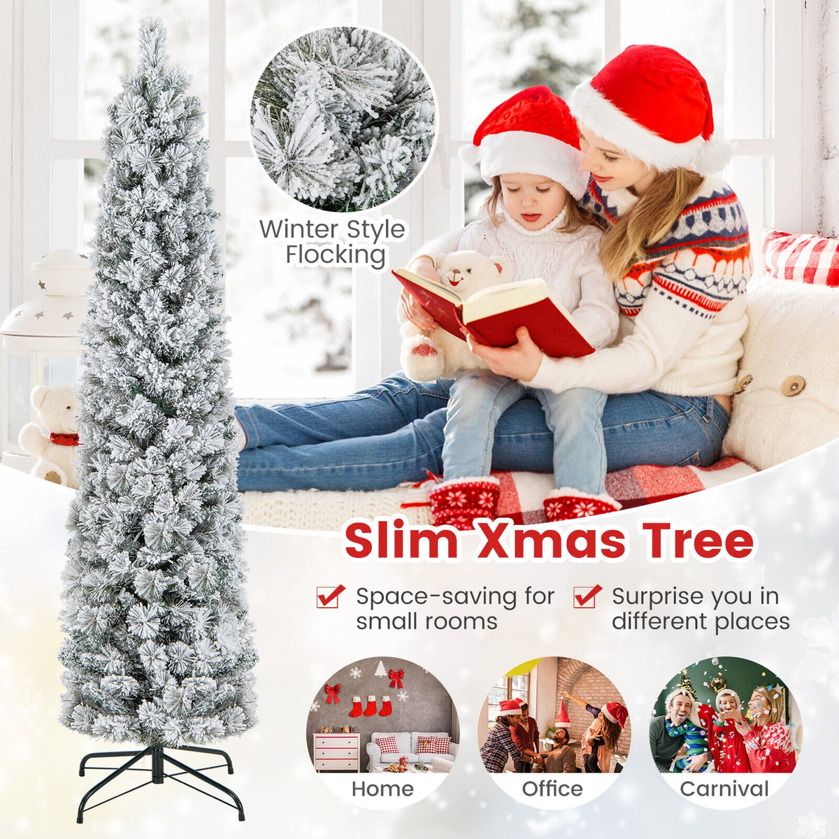 4.5/6/7 Feet Christmas Tree with 258 Branch Tips and 100 Incandescent Lights-Flocked and Slim-6 Feet-Christmas Trees-DECOROLALA