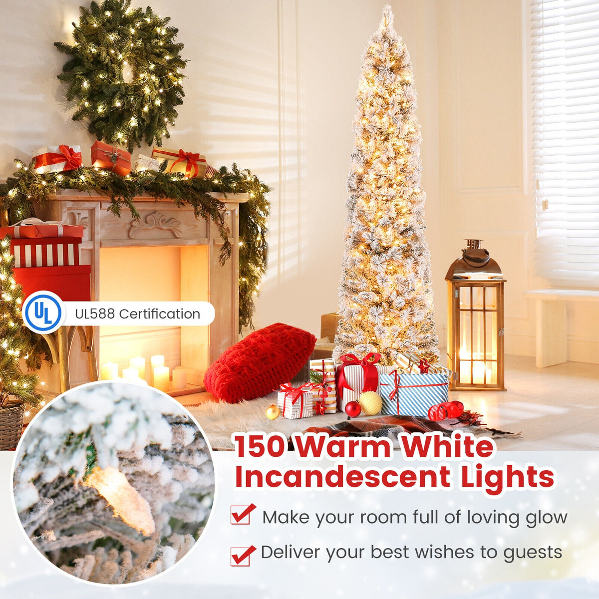 4.5/6/7 Feet Christmas Tree with 258 Branch Tips and 100 Incandescent Lights-Flocked and Slim-6 Feet-Christmas Trees-DECOROLALA
