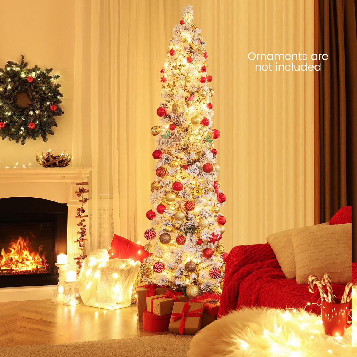 4.5/6/7 Feet Christmas Tree with 258 Branch Tips and 100 Incandescent Lights-Flocked and Slim-6 Feet-Christmas Trees-DECOROLALA