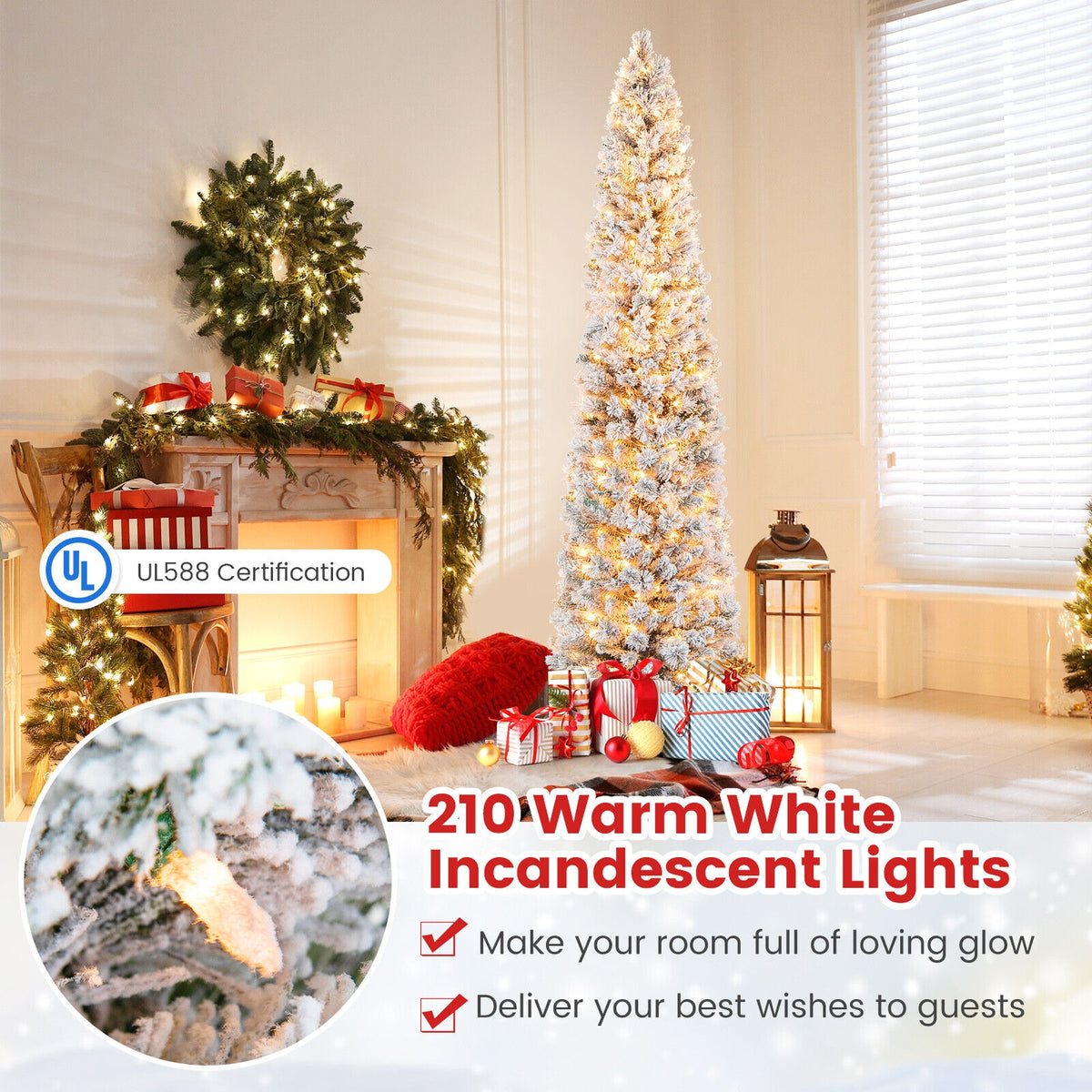 4.5/6/7 Feet Christmas Tree with 258 Branch Tips and 100 Incandescent Lights-Flocked and Slim-7 ft-Christmas Trees-DECOROLALA