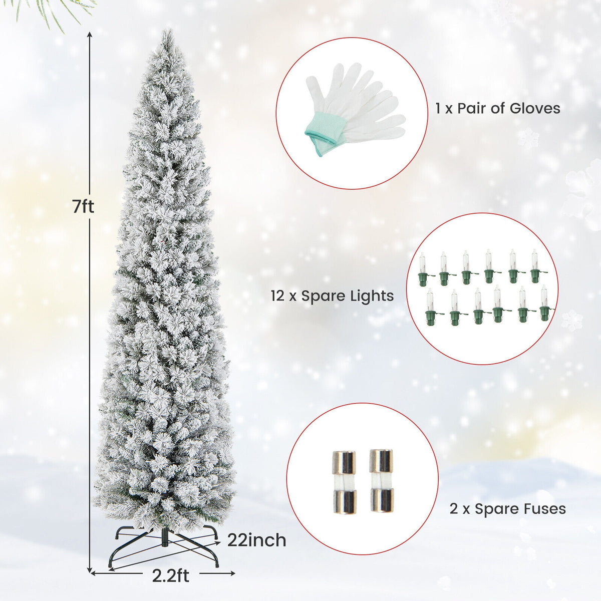 4.5/6/7 Feet Christmas Tree with 258 Branch Tips and 100 Incandescent Lights-Flocked and Slim-7 ft-Christmas Trees-DECOROLALA