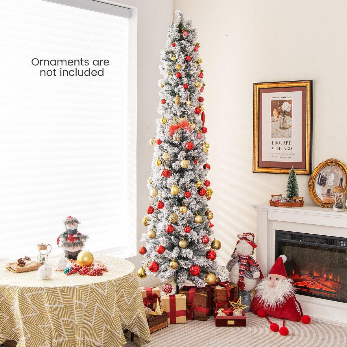 4.5/6/7 Feet Christmas Tree with 258 Branch Tips and 100 Incandescent Lights-Flocked and Slim-7 ft-Christmas Trees-DECOROLALA