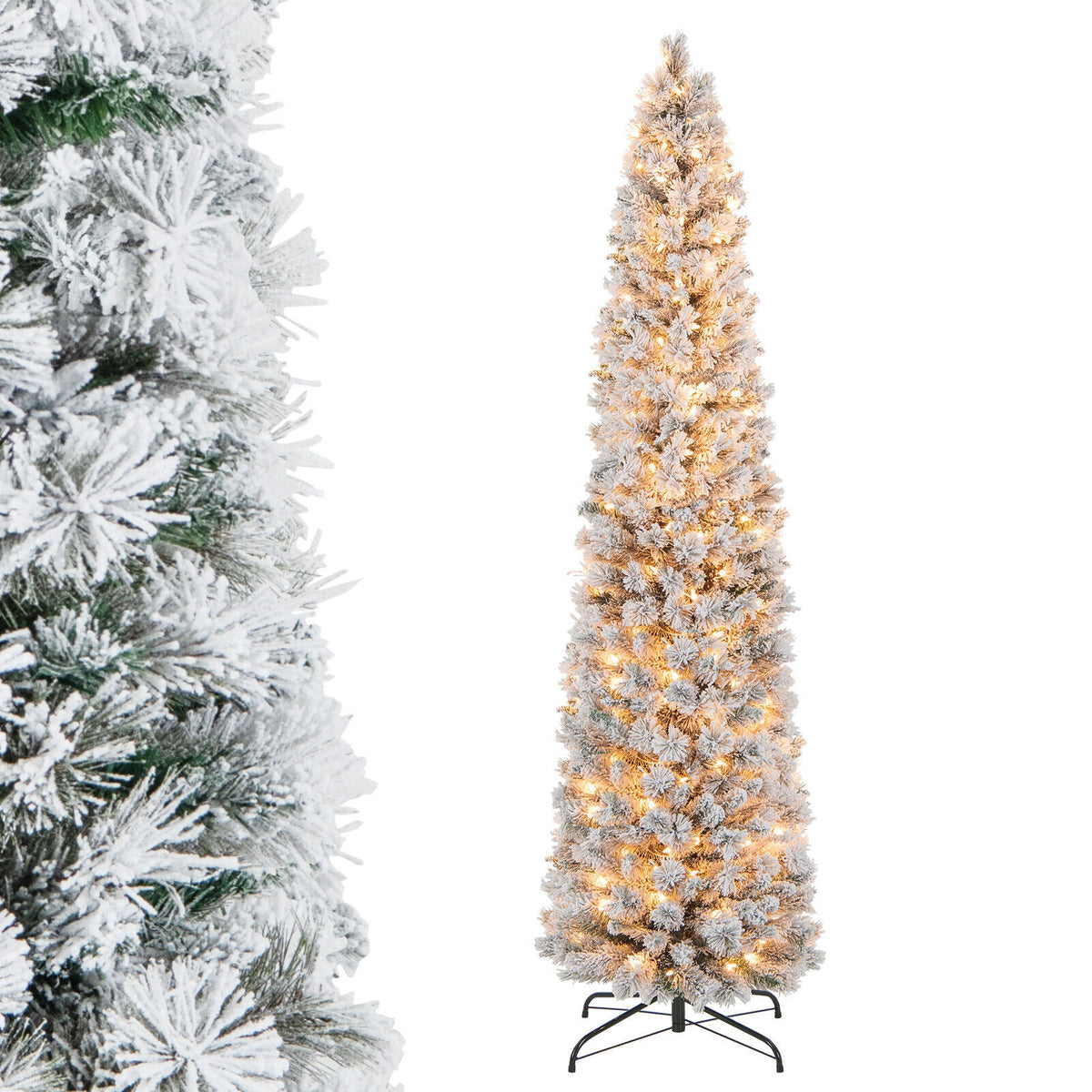 4.5/6/7 Feet Christmas Tree with 258 Branch Tips and 100 Incandescent Lights-Flocked and Slim-7 ft-Christmas Trees-DECOROLALA