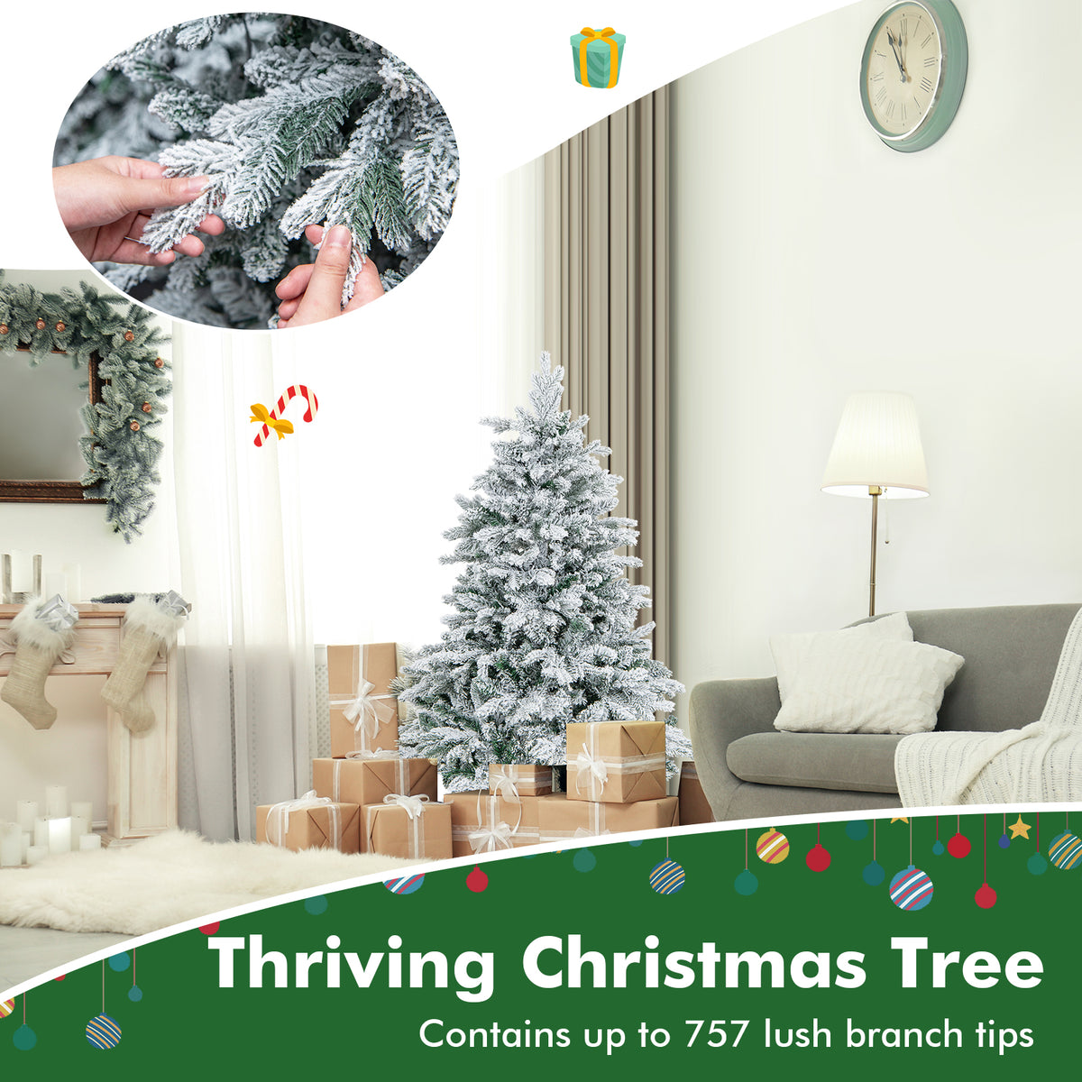 4.5/6/7 Feet Flocked Christmas Tree with Warm White LED Lights-4.5 ft-Christmas Trees-DECOROLALA