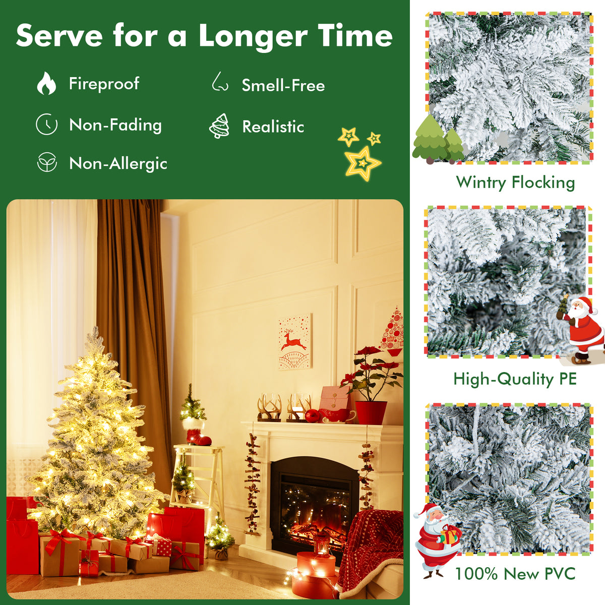4.5/6/7 Feet Flocked Christmas Tree with Warm White LED Lights-4.5 ft-Christmas Trees-DECOROLALA
