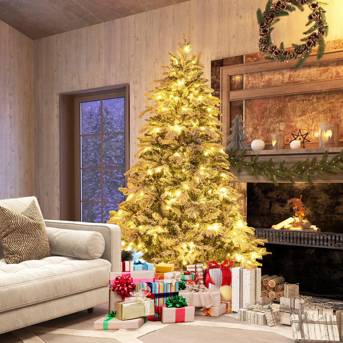 4.5/6/7 Feet Flocked Christmas Tree with Warm White LED Lights-6 ft-Christmas Trees-DECOROLALA