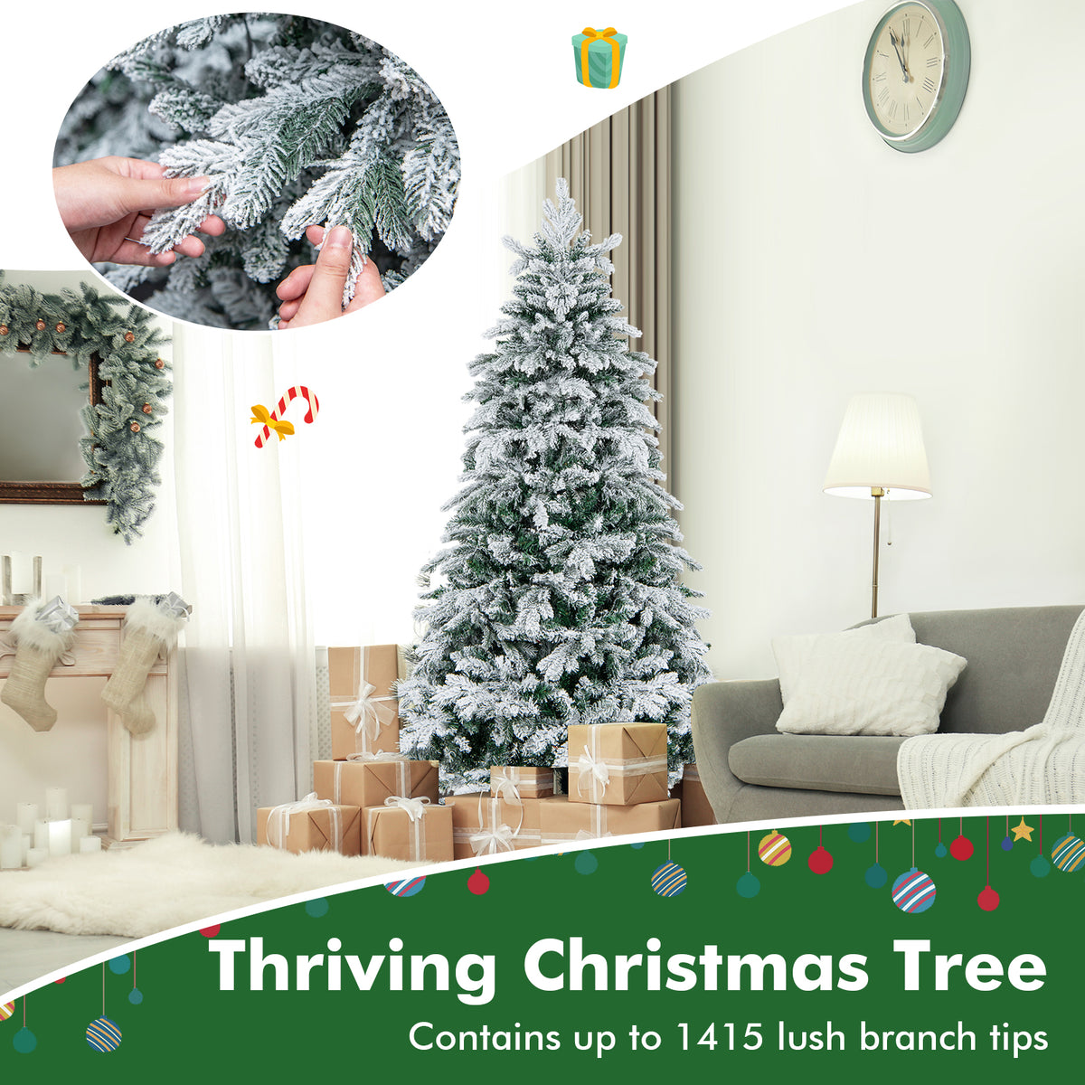 4.5/6/7 Feet Flocked Christmas Tree with Warm White LED Lights-6 ft-Christmas Trees-DECOROLALA