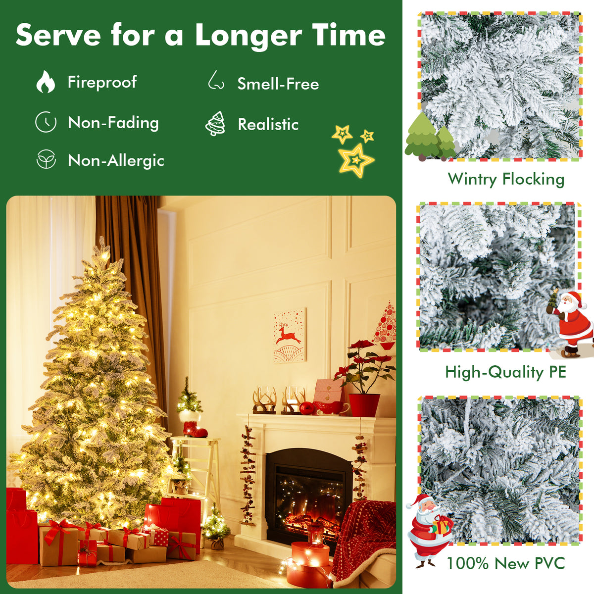 4.5/6/7 Feet Flocked Christmas Tree with Warm White LED Lights-6 ft-Christmas Trees-DECOROLALA