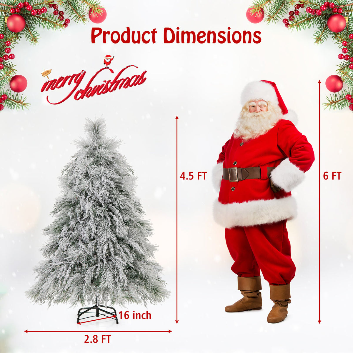 4.5/6/7 Feet Pre-Lit Snow Flocked Christmas Tree with Warm White LED Lights-4.5 ft-Christmas Trees-DECOROLALA