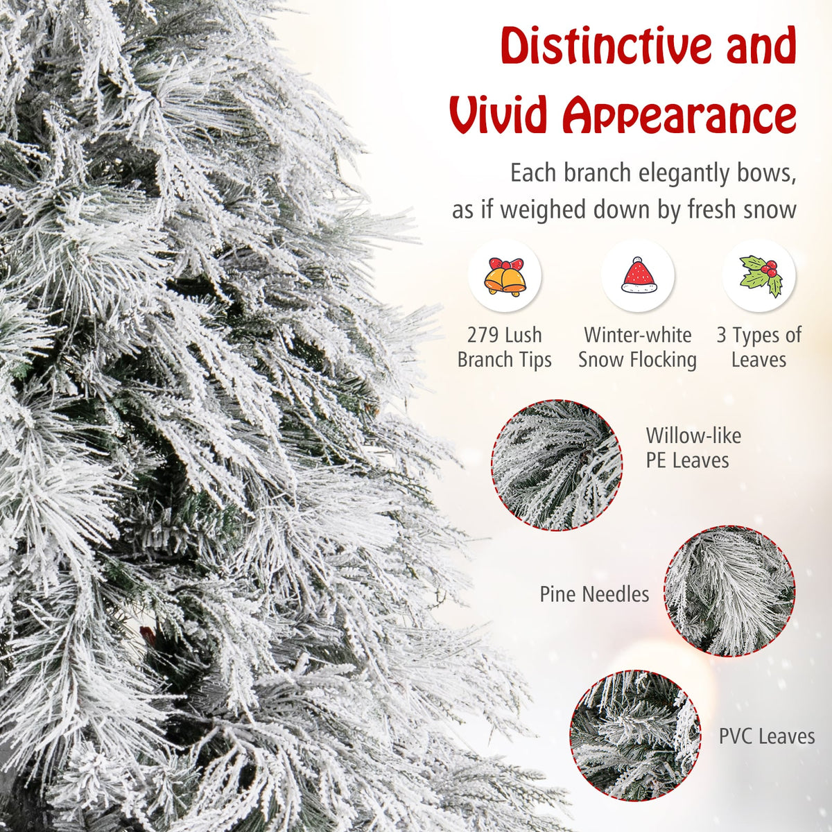 4.5/6/7 Feet Pre-Lit Snow Flocked Christmas Tree with Warm White LED Lights-4.5 ft-Christmas Trees-DECOROLALA