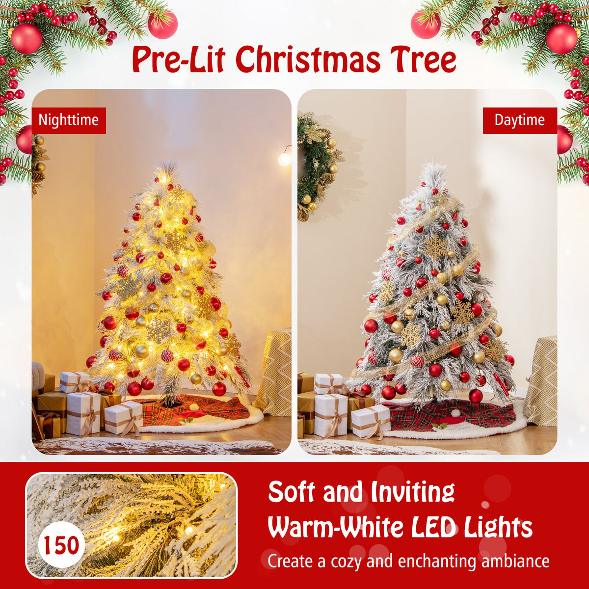 4.5/6/7 Feet Pre-Lit Snow Flocked Christmas Tree with Warm White LED Lights-4.5 ft-Christmas Trees-DECOROLALA