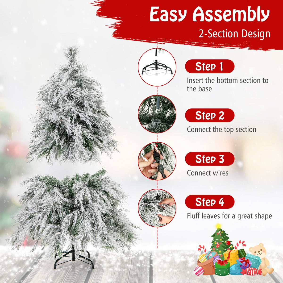 4.5/6/7 Feet Pre-Lit Snow Flocked Christmas Tree with Warm White LED Lights-4.5 ft-Christmas Trees-DECOROLALA