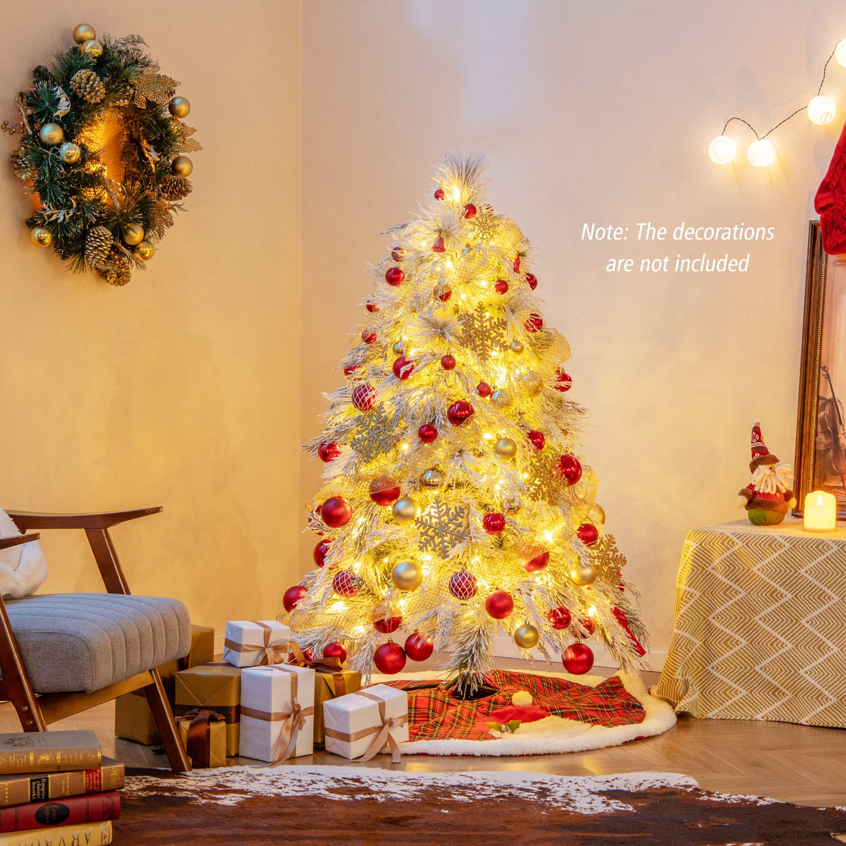4.5/6/7 Feet Pre-Lit Snow Flocked Christmas Tree with Warm White LED Lights-4.5 ft-Christmas Trees-DECOROLALA