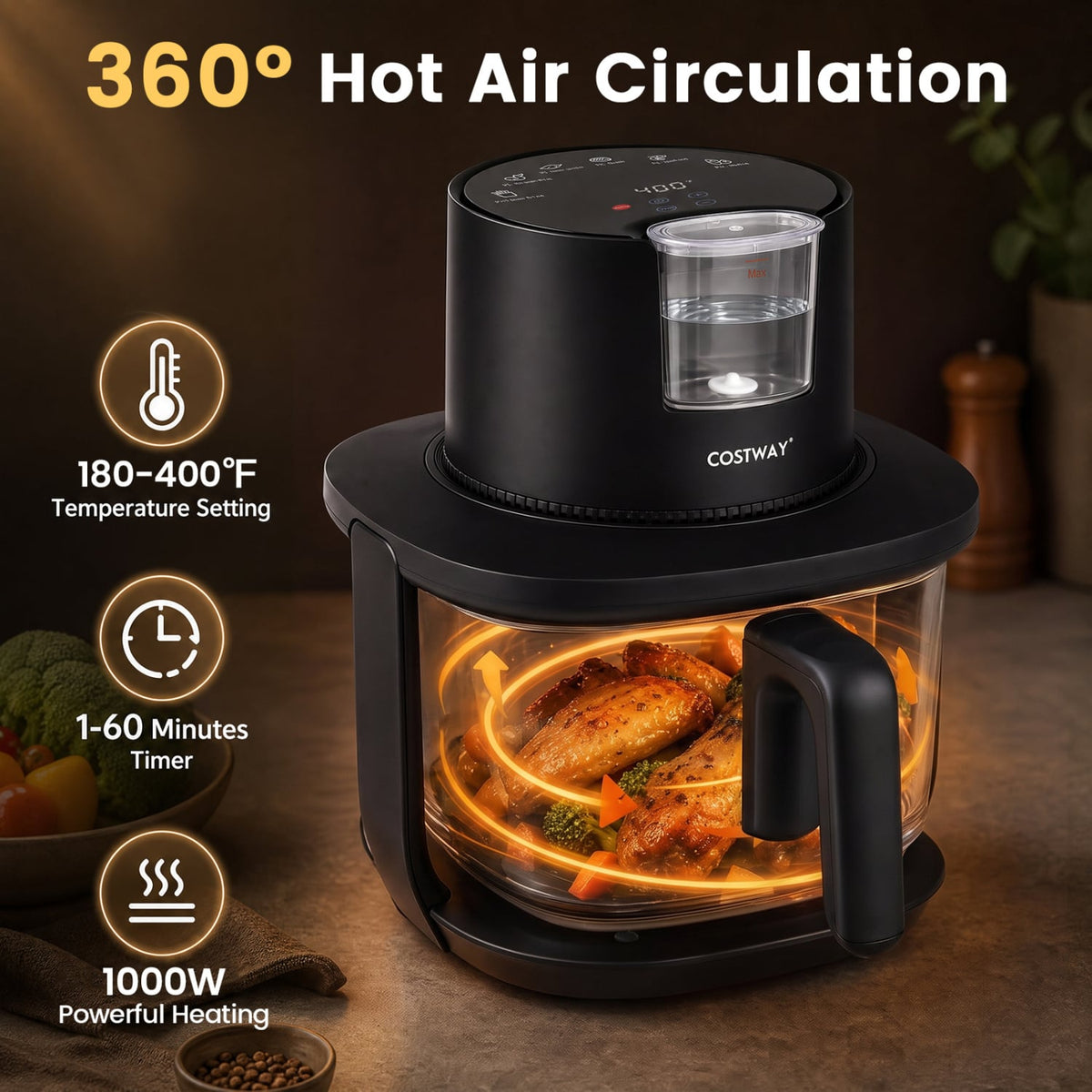 4.5L Glass Air Fryer with Steam Frying Mode-Black-Air Fryers-DECOROLALA