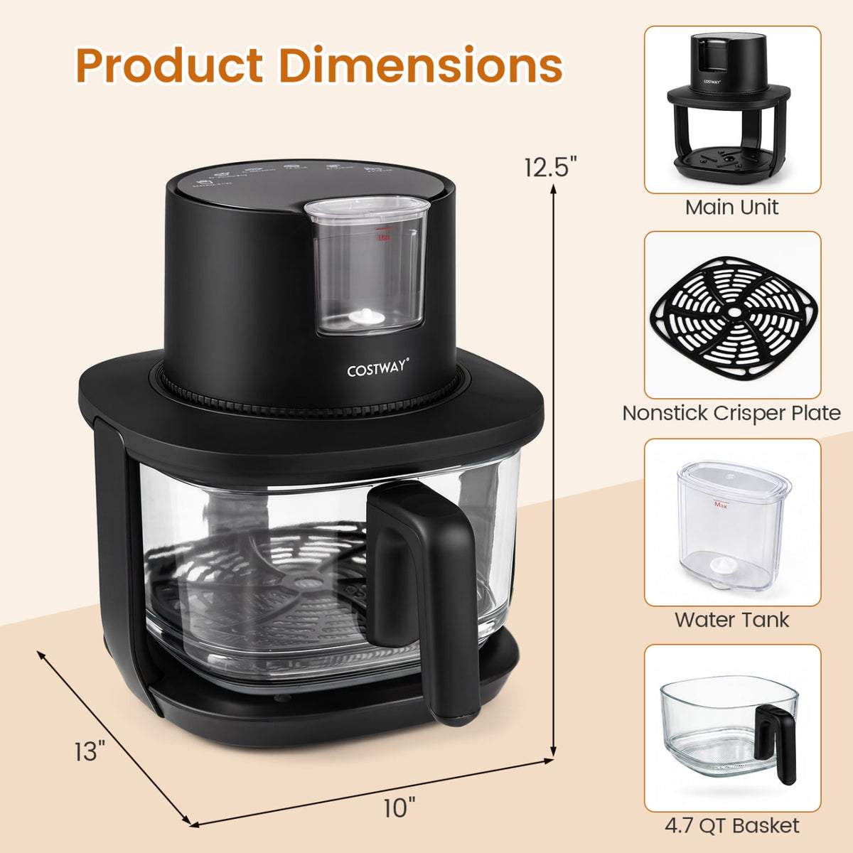 4.5L Glass Air Fryer with Steam Frying Mode-Black-Air Fryers-DECOROLALA