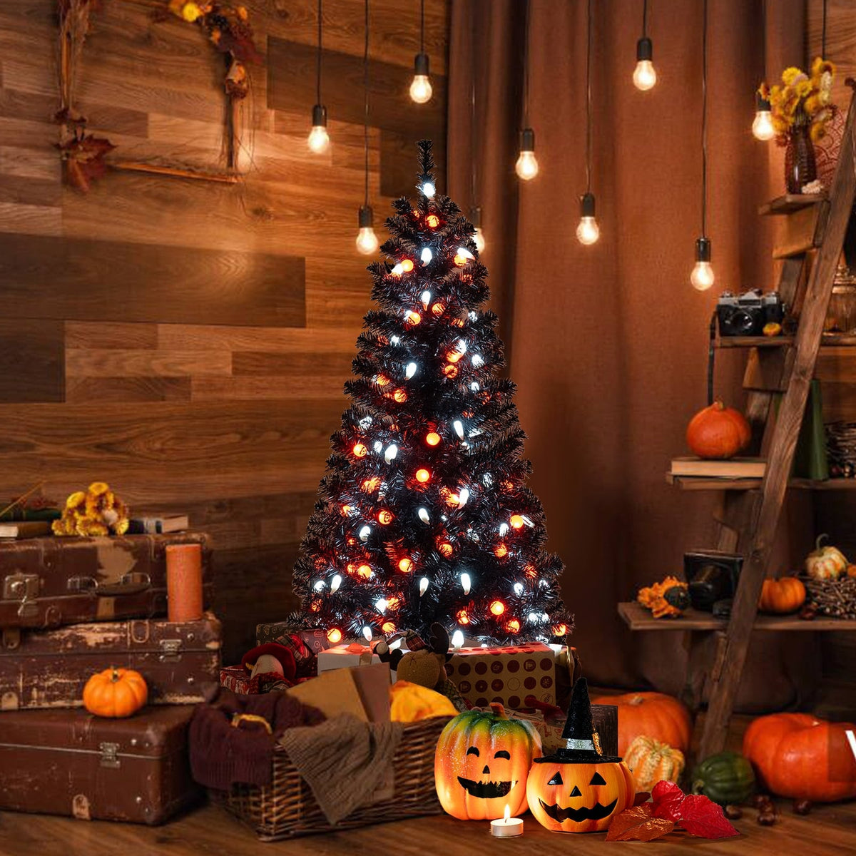 4.5ft Pre-Lit Artificial Halloween Tree, Black, 130 LED Lights-Halloween-DECOROLALA