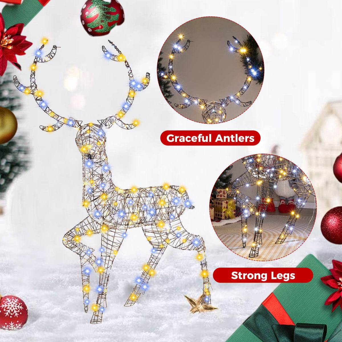 4.6 Feet Pre-Lit Christmas Reindeer with 170 Cold and Warm LED Lights-Christmas Decorations & Accessories-DECOROLALA