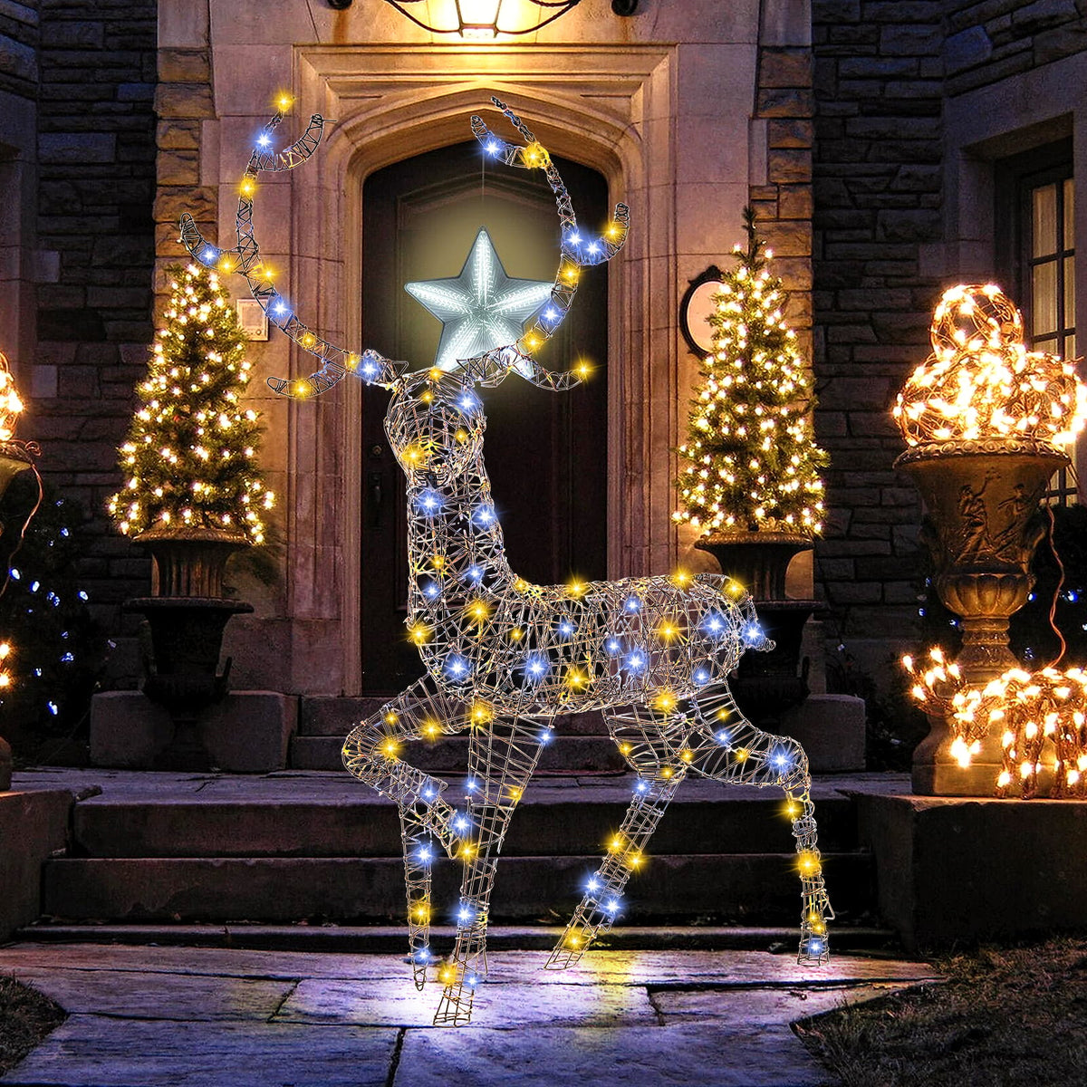 4.6 Feet Pre-Lit Christmas Reindeer with 170 Cold and Warm LED Lights-Christmas Decorations & Accessories-DECOROLALA